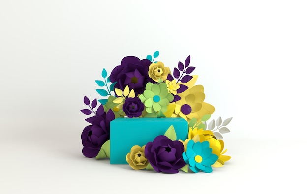 Paper flowers and leaves frame podium platform for product presentation  3d render mock up