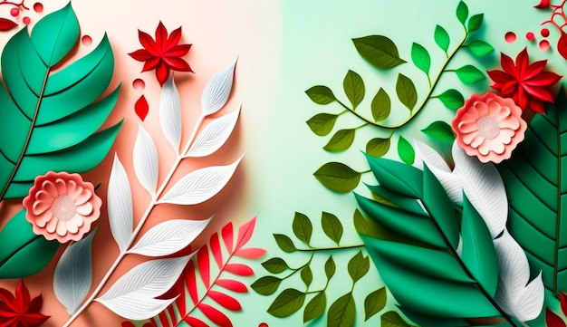 Paper flowers and leaves on green and pink background Generative AI