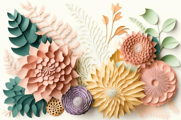 Paper flowers and leaves on white background Generative AI