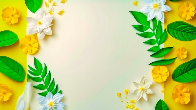 Paper flowers and leaves on yellow background Generative AI