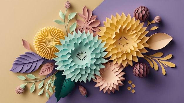 Paper flowers on a purple and yellow background