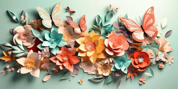 Paper flowers with butterflies and leaves