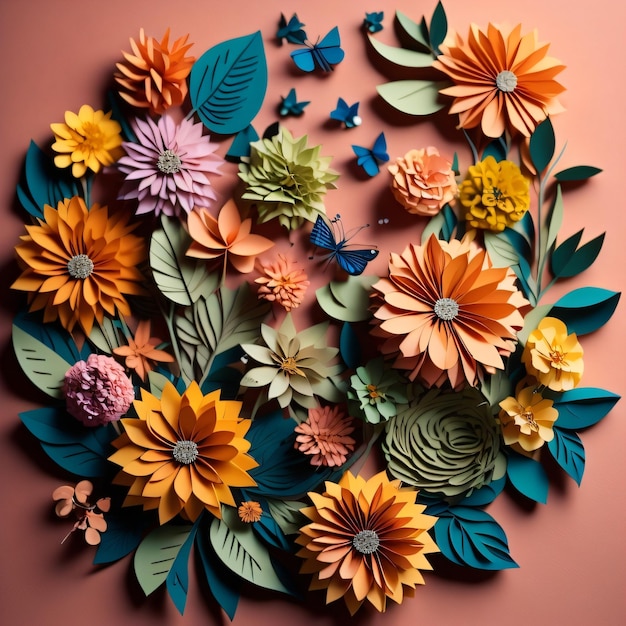 Paper flowers with butterflies on a red background