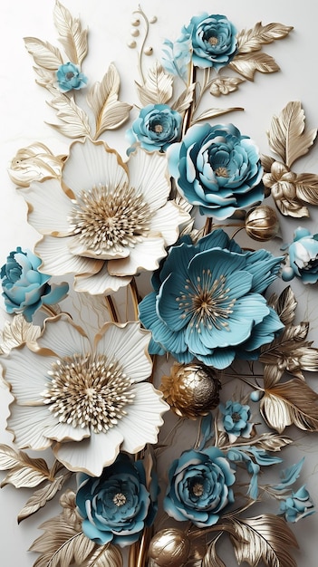 Paper flowers with gold and white flowers on a white background