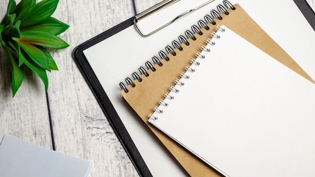 Paper folder with notepads and green plant lying on wooden table