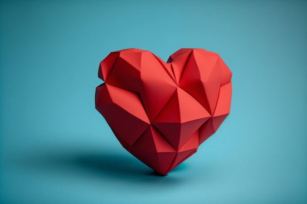 Paper geometric origami volume red heart on blue background