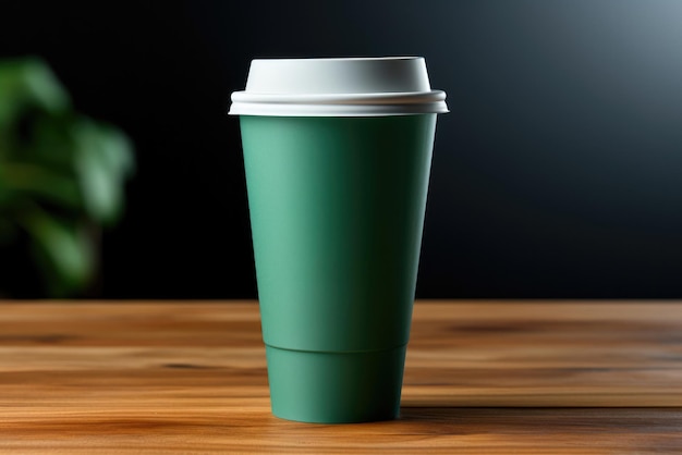 Paper green coffee or tea cup mockup for logo on a wooden table