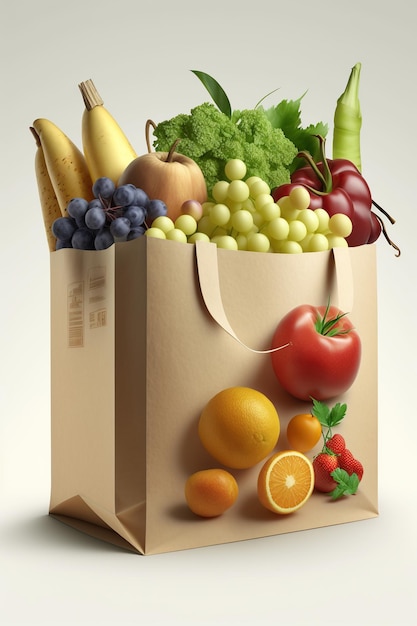 A paper grocery bag filled with a colorful assortment of fresh vegetables and fruits