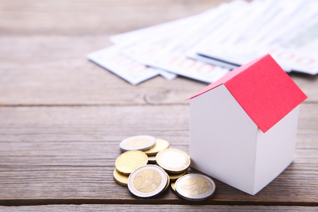 paper house with red roof, with coins