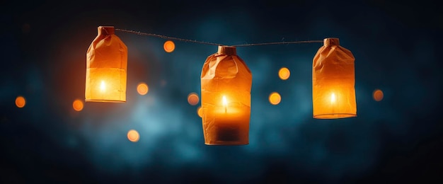 Photo paper lanterns glowing in the night