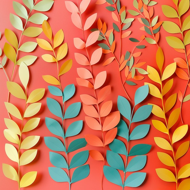 Paper Leaves on Coral Background