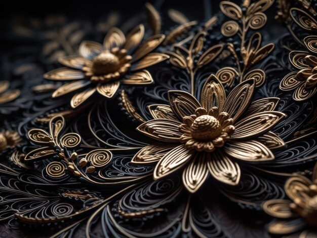 Paper made flowers Quilling craft technic black and gold abstract background lines Created with Generative AI technology