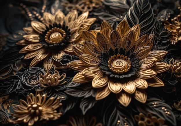 Paper made flowers Quilling craft technic black and gold abstract background lines Created with Generative AI technology