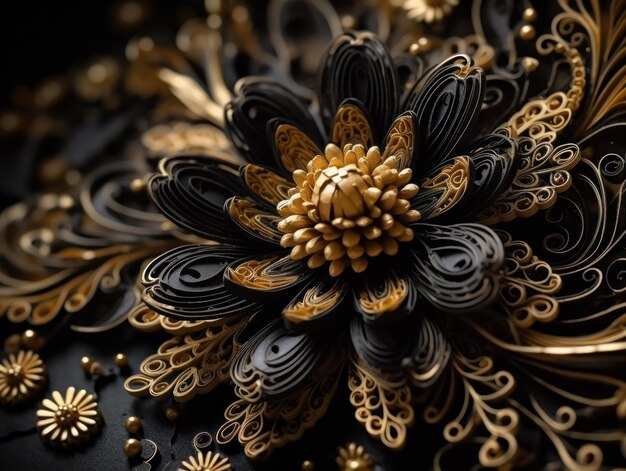 Paper made flowers Quilling craft technic black and gold abstract background lines Created with Generative AI technology