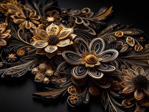 Paper made flowers Quilling craft technic black and gold abstract background lines Created with Generative AI technology.