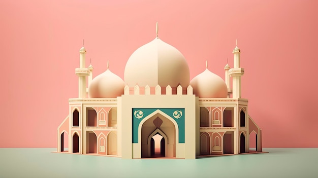 A paper model of a mosque with a dome on the front.