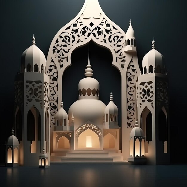 A paper model of a mosque with a lantern in the middle.