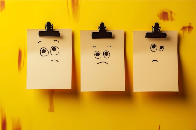 Photo paper notes with sad faces on the wall the concept of a bad mood