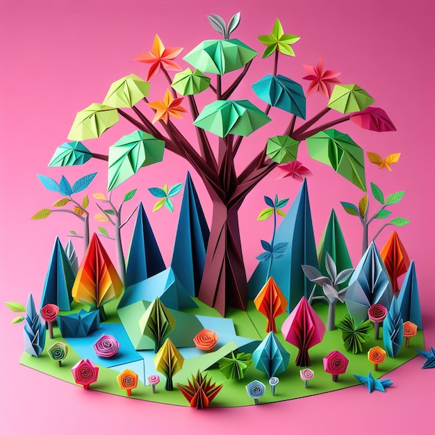 paper origami trees with flowers and leaves on a blue background