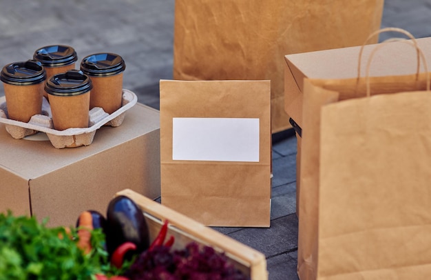 Paper packages grocery in box and coffee