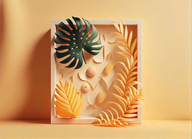 Paper palm leaves with frame on orange background AI Generated