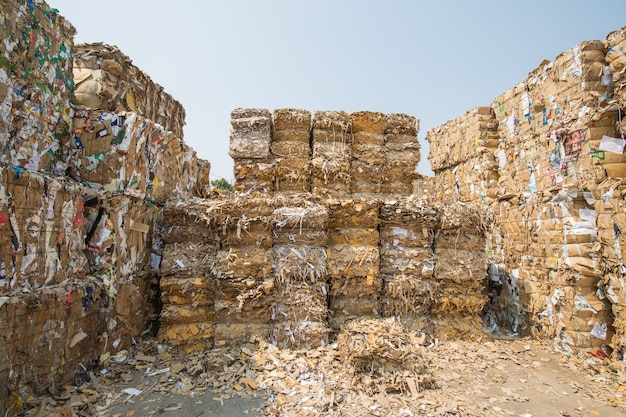 Paper pile and piece of cardboard at the recycle industry paper plant