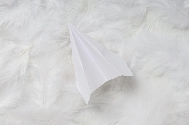 Paper plane and feathers on white background