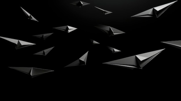 Paper planes flying in the air solid black background