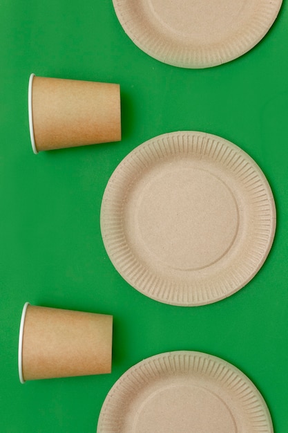 Paper plate, glass on a green background. Eco-friendly, compostable dishes, disposable, recyclable materials. Zero plastic, saving the planet, stop plastic. The concept of waste recycling