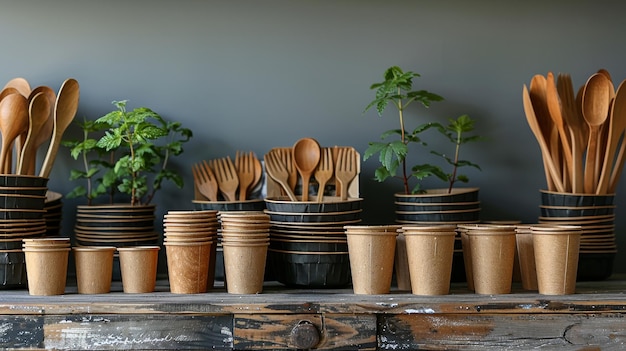 Paper plates cups boxes and wooden cutlery are all biodegradable disposable tableware