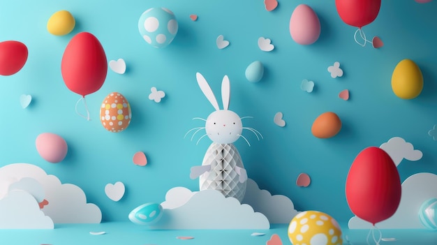 A paper rabbit surrounded by eggs clouds flowers and balloons aige