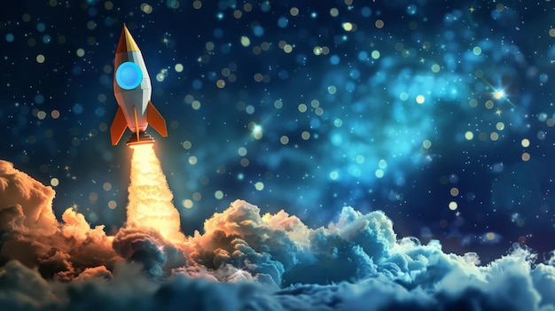 A paper rocket ship blasting off into a starry night skylike backdrop