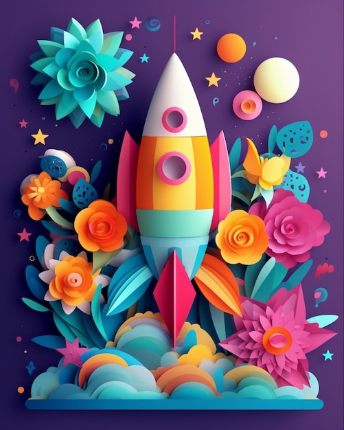 A paper rocket with flowers and stars on it