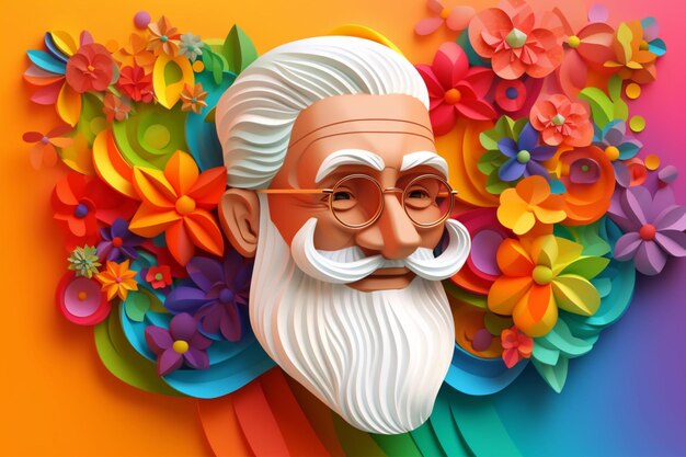 A paper sculpture of a man with glasses and a beard is surrounded by flowers