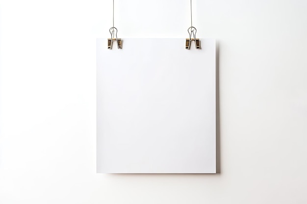 Photo paper sheet hanging on paper clips isolated on white background