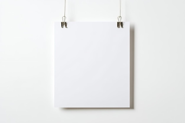 Photo paper sheet hanging on paper clips isolated on white background