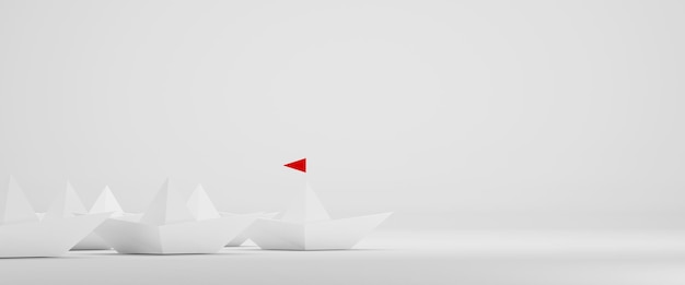 Paper ship with red flag leading among white on white background