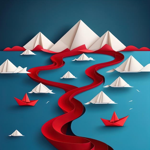 paper ship with red flagpaper ship in a mountain landscape paper boat vector illustration eps 1 0