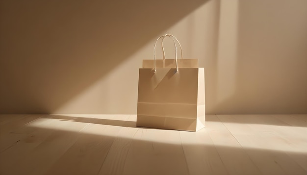 A paper shopping bag on a marble surface with soft lighting and shadows creating a minimalist ser