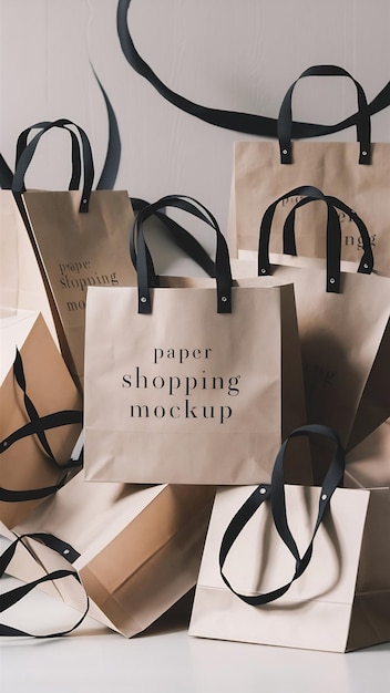 Photo paper shopping bags mockup with black handles