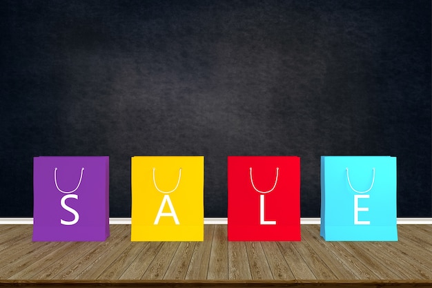 paper shopping bags of sale. on wood table with black board backdrop