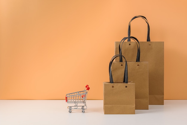 Paper shopping bags and shopping cart