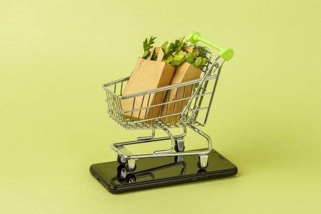 Paper shopping bags with fresh green salad in cart