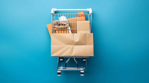 Paper shopping bags with shopping cart on blue background