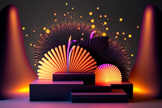 Paper slice podium and neon fireworks Concept scene stage showcase for new product Generative AI