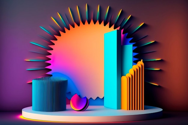 Paper slice podium and neon fireworks Concept scene stage showcase for new product Generative AI