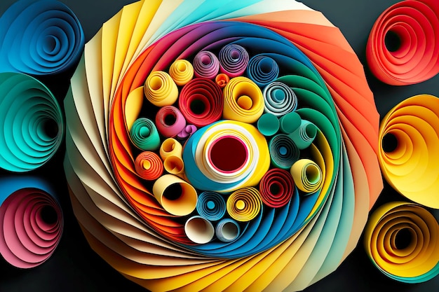 Paper spirals in form of chips of various colors with cylinder d abstract