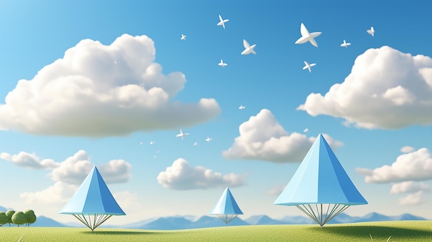 Paper tents in the sky with birds flying in the sky.