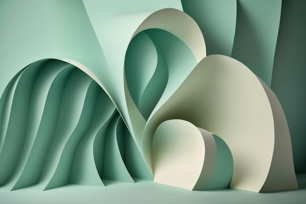 Paper wave with a soft green color with a light blue background Light and shadow filled paper with a creative geometric curvature Background of abstract geometry with copy space