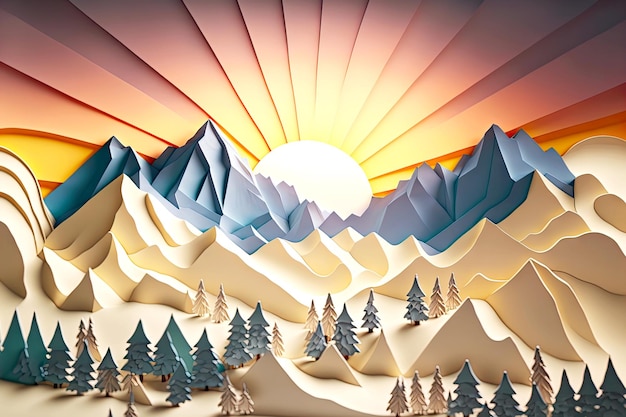 Paper winter landscape against backdrop of mountains and rising sun